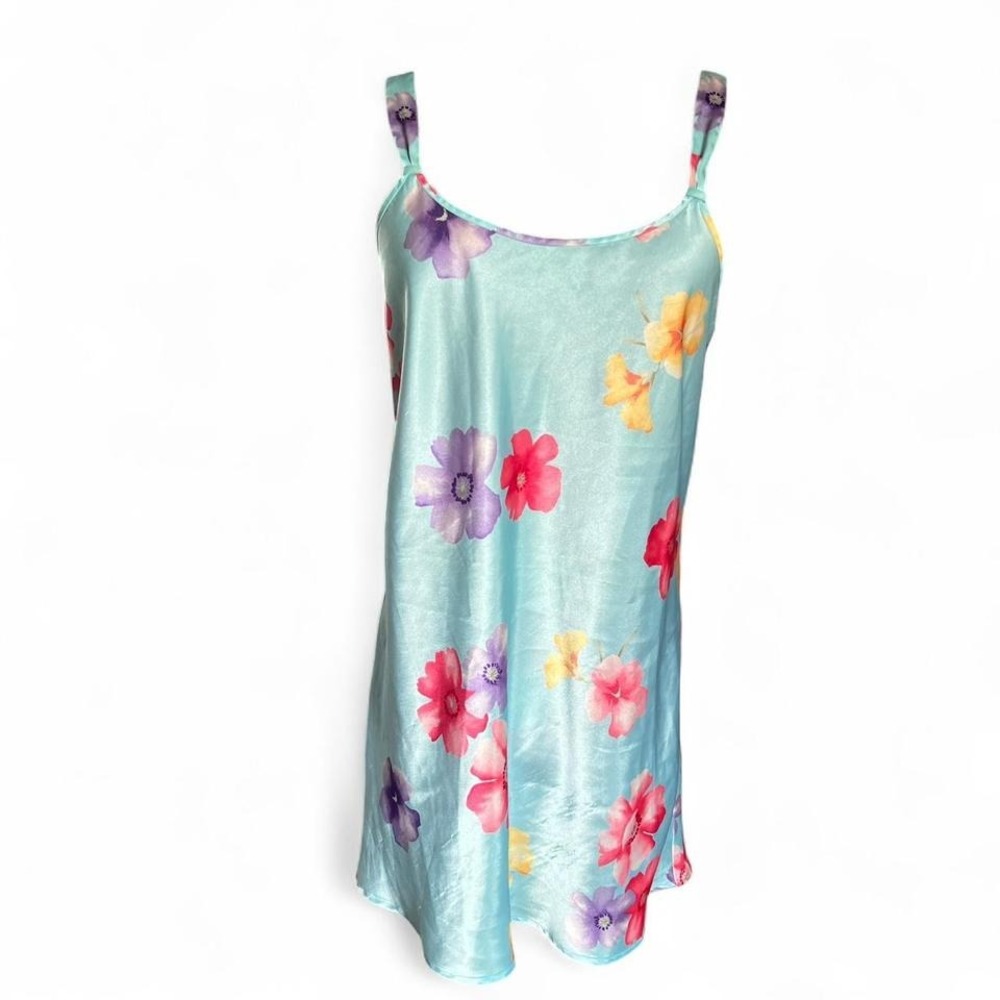 Morgan Taylor Intimates Blue Floral Satin Slip Dress Nightgown Y2K Large